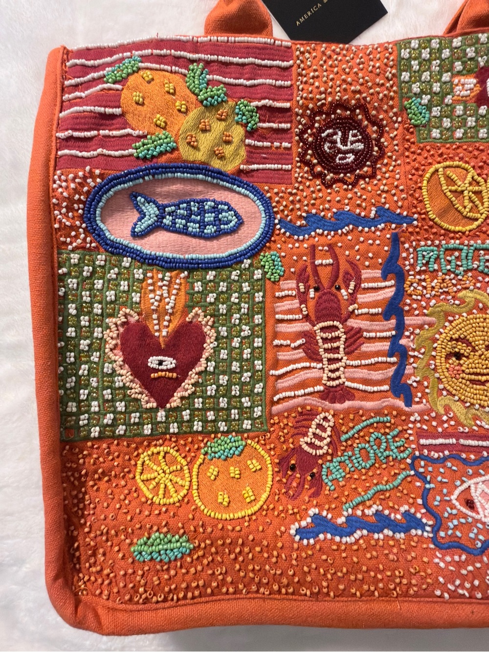 America & Beyond Orange Embroidered Patchwork Beaded Tote - Picture 3 of 6